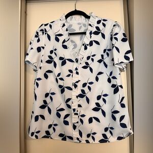 White Blouse with Navy Leaf Print; Size US “8/10”